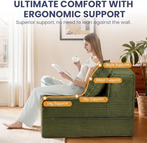 Erament Folding Sofa Bed, 8" Convertible Sleeper Sofa Fold Out Chair Bed with Pillow, Portable Floor Couch Lounge Sofa for Living Room Bedroom Guest Room, Green