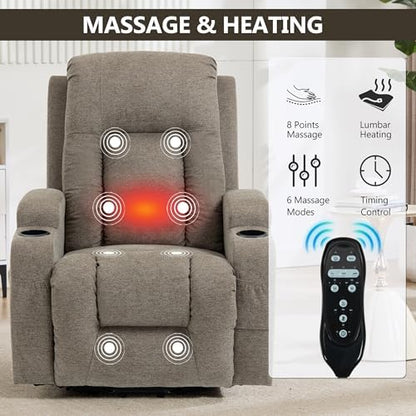 Trustyue Power Lift Recliner Chair with Heat and Massage for Elderly, Electric Recliner Chairs with Standing Assistance, 2 Cup Holders, 4 Pockets, USB Charge Port, Linen Fabric Khaki