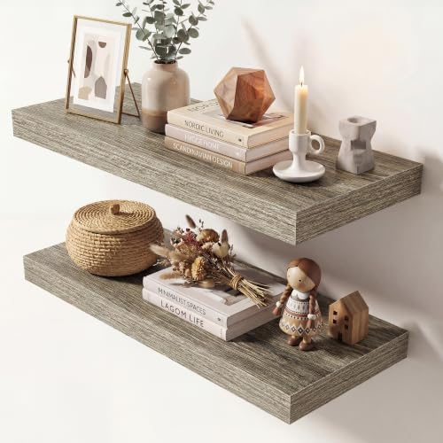 Dreamland 24 Inches Floating Shelves for Wall,9.3" Deep Long Floating Shelves Set of 2,Large Display & Storage Shelf,Wall Shelf for Bathroom Bedroom Living Room Kitchen Office,Grey