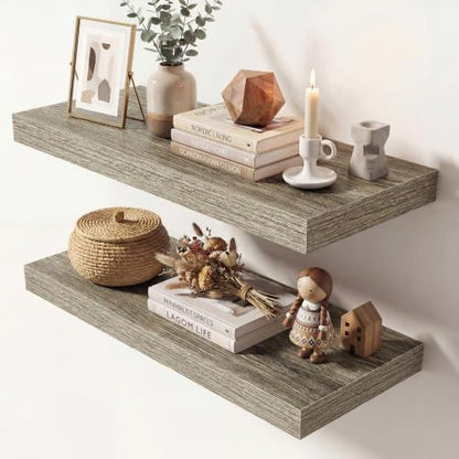 Dreamland 24 Inches Floating Shelves for Wall,9.3" Deep Long Floating Shelves Set of 2,Large Display & Storage Shelf,Wall Shelf for Bathroom Bedroom Living Room Kitchen Office,Grey
