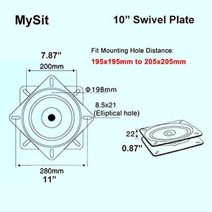 MySit 10" (245mm) Square Heavy Duty Swivel Replacement for Recliner Chair or Furniture - Ball Bearing Swivel Plate Mechanism - Flat