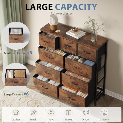 DUMOS 9 Drawer Dresser for Bedroom, Storage Organizer Chest of Drawers
