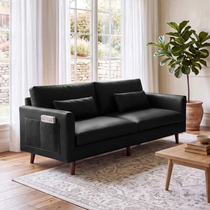 Faux Leather 3-Seater with Side Pocket, Black