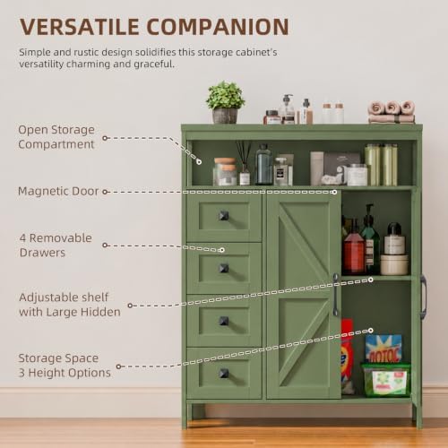 Farmhouse Storage Cabinet with 2 Doors and 4 Drawers, Green