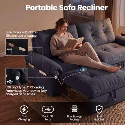 77" Queen Size Sofa Bed, 3-in-1 Convertible Sleeper Sofa Bed with Adjustable Backrest, Modern Velvet Couch with Side Pocket and USB Ports, for Living Rooms, Bedrooms, Small Spaces (Grey, 77.2inch)