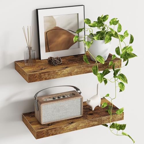 Deep Floating Shelves - 16" W x 9.3" D x 1.6" H Rustic Brown Wall Shelf - Wall Mounted Shelves for Decor & Storage - Wooden Shelves with Invisible Brackets for Living Room, Kitchen - Set of 2