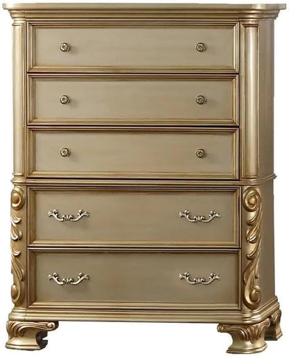 First of a Kind Miranda Gold Finish Traditional 5 Piece King Bedroom Set with Upholstered Tufted Headboard Ornate European Inspired Design Coordinated Furniture Collection