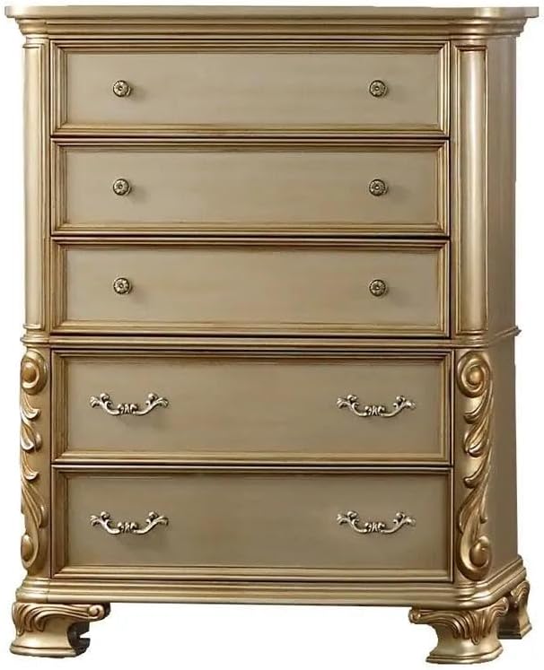 First of a Kind Miranda Gold Finish Traditional 5 Piece Queen Bedroom Set with Upholstered Tufted Headboard Ornate European Inspired Design Coordinated Furniture Collection