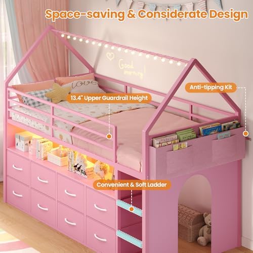 Low Loft Bed Twin Size with 8 Storage Drawers, LED House Loft Bed