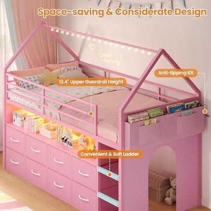 Low Loft Bed Twin Size with 8 Storage Drawers, LED House Loft Bed