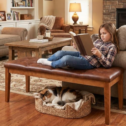 Ottoman Bench Oversized Entryway Shoe Bench Seat Faux Leather Cognac