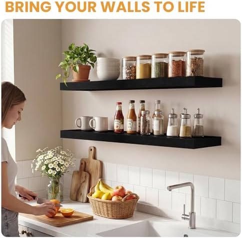 Wood Floating Shelves Set of 2, Rustic Pine Wood Floating Shelves for Wall Mounting, Wide Wall Shelf for Home Decor and Storage, 36" W x 7" D, Black