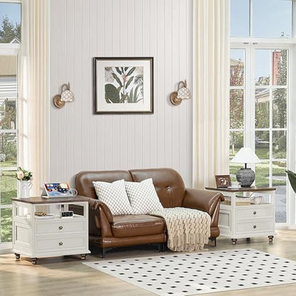 Joaxswe Farmhouse Nightstand with Charging Station, 24" Wide End Table with 2 Drawers,White Wood Dresser for Bedroom, Bed Side Table Chest of Drawers Cabinet,Night Stand for Living Room, Closet