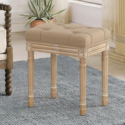 LUE BONA Upholstered Fabric Vanity Bench Seat, Makeup Stools for Vanity, Square Tufted Ottoman Bench with Carved Wood Color Legs for Bedroom Living Room, Wheat Color