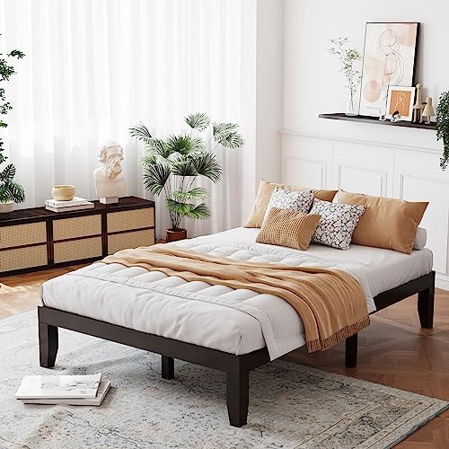 GIANTEX Full Wood Platform Bed Frame, 14 Inch Solid Rubber Wood Mattress Foundation, Heavy Duty Wooden Slats Support, No Box Spring Needed, Easy Assembly, Espresso