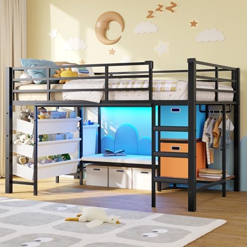 DICTAC Low Loft Bed Twin Size with Storage Bins and Reading Corner, Black
