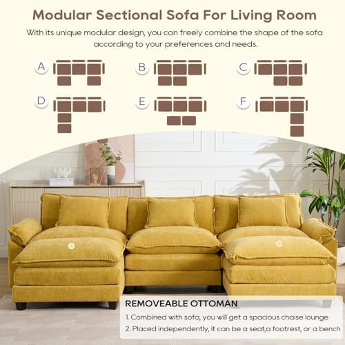 IPKIG 117" Sectional Sofa Cloud Couch, Modern Chenille U-Shaped Couch Comfy Upholstered 3-Seat Sofa with 2 Ottoman, 3 Lumbar Pillow, Deep Seat Modular Sofa for Living Room, Apartment, Studio, Yellow
