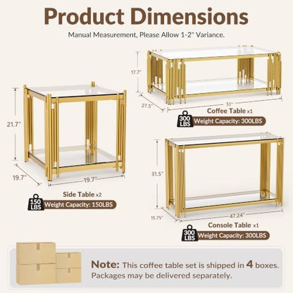 51" Luxury Glass Coffee Table Set of 4, Modern Console Table with 2 End Tables, Clear Tempered Glass Top & Golden Stainless Steel Leg, 4-Piece Living Room Table Set for Apartment Home Decor