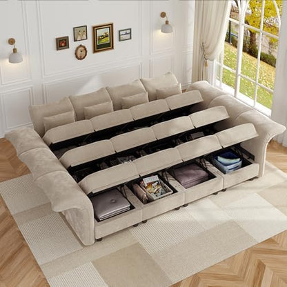 LLappuil Sleeper Sectional Sofa 12 Seater Chenille Deep Modular Sectional Couches for Living Room with Storage Ottoman, Adjustable Arms Backs Khaki