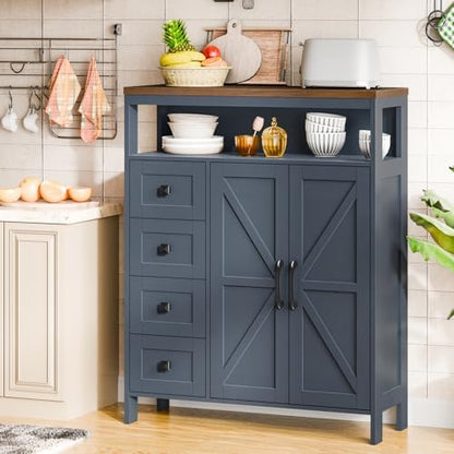 Farmhouse Storage Cabinet with 2 Doors and 4 Drawers, Blue