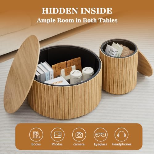 Fluted Round Nesting Coffee Table Set of 2 Circle Center Table with Storage