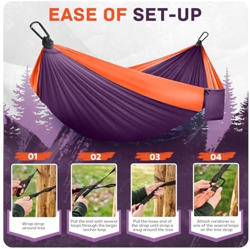 Camping Hammock Lightweight, Portable Hammocks Parachute Hammock with Two Tree Straps, Single or Double Travel Swing Nylon Camp Hammocks, Outdoor Essentials for Beach Backpacking Hiking, Orange