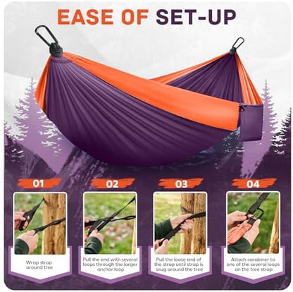 Camping Hammock Lightweight, Portable Hammocks Parachute Hammock with Two Tree Straps, Single or Double Travel Swing Nylon Camp Hammocks, Outdoor Essentials for Beach Backpacking Hiking, Orange