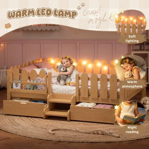 Bellemave Queen Size Platform Bed with Storage Drawers & Bookshelf for Boys Girls, Kids Queen Bed Frame with LED Lights & Stairs for Children's Room, Natural