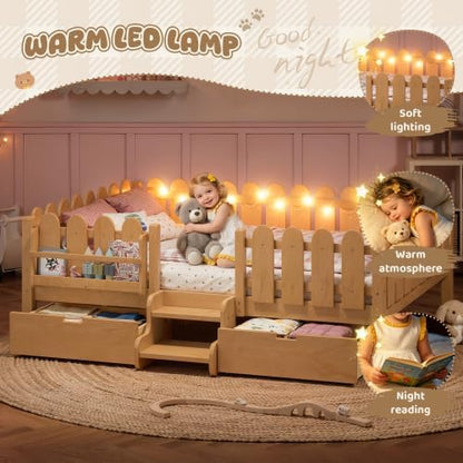 Bellemave Queen Size Platform Bed with Storage Drawers & Bookshelf for Boys Girls, Kids Queen Bed Frame with LED Lights & Stairs for Children's Room, Natural