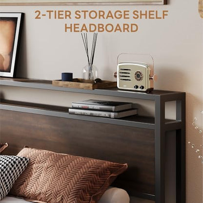 LIKIMIO Queen Bed Frame with 2-Tier Storage Shelf Headboard