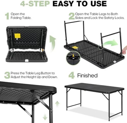 4ft Folding Table with Adjustable Height, 2-Level Foldable Table with HDPE Top & Steel Legs, Portable 4 Foot Folding Table for Picnic, Party, Craft, Indoor Outdoor Use, Black