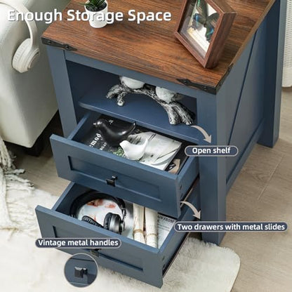 Joaxswe Nightstand with Charging Station and 2 Drawers, Farmhouse