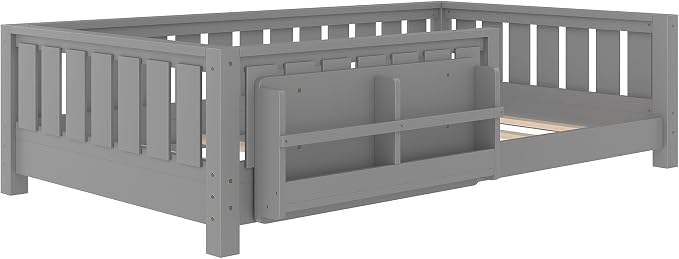 Bellemave Twin Size Montessori Floor Bed with Rails and Slats, Twin Size Floor Bed with Bookshelf and Fence, Low Profile Montessori Beds Frame for Girls, Boys, White