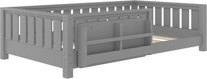Bellemave Twin Size Montessori Floor Bed with Rails and Slats, Twin Size Floor Bed with Bookshelf and Fence, Low Profile Montessori Beds Frame for Girls, Boys, White
