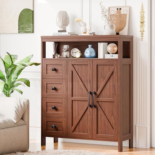 Befrases Farmhouse Storage Cabinet with 2 Doors and 4 Drawers, Walnut