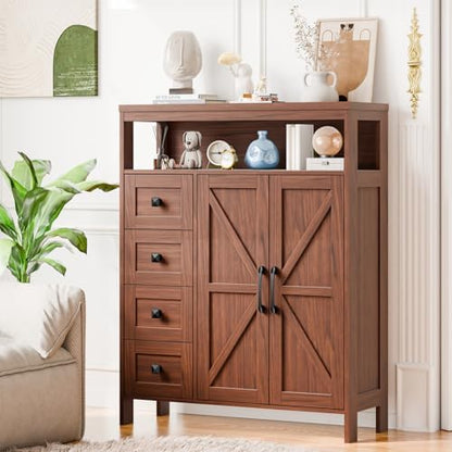 Befrases Farmhouse Storage Cabinet with 2 Doors and 4 Drawers, Walnut