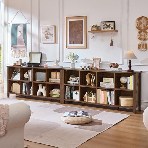 Joaxswe 8 Cube Book Shelf, Farmhouse Wood Long Storage Organizer Bookcase, 62" Horizontal Brown Walnut Console Closet Bookshelf, Hallway TV Stand for Entryway, Display Cabinet Book Case for Office