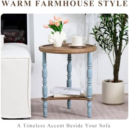 Round Side Table, Farmhouse Blue 2-Tier End Table, 19.7"D x 24"H