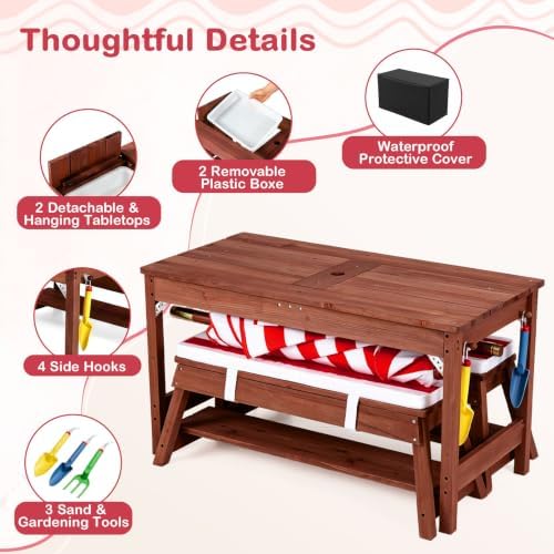 Costzon 4-in-1 Kids Picnic Table with Umbrella, Sand & Water Sensory Bins