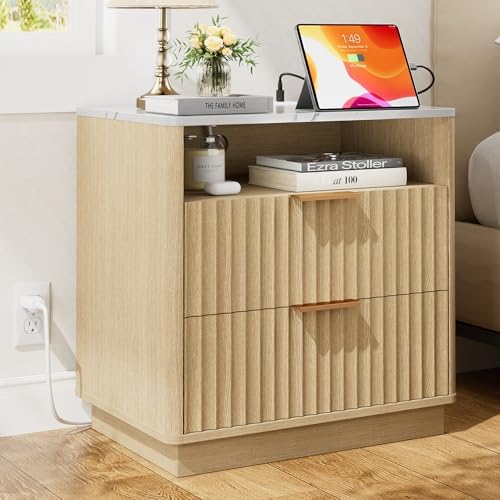 23"W Fluted Nightstand with Charging Station and Faux Marble Top