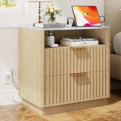 23"W Fluted Nightstand with Charging Station and Faux Marble Top