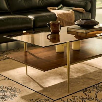 AGV LIGHTING Tadio Large Glass Coffee Table, Mid-Century Modern Coffee Table for Living Room, Gold Finish Leg, Coffee Brown Glass Top & Walnut Brown Shelf, 47 in