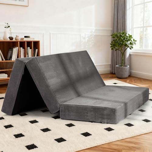 6-Inch Tri-Fold Foldable Mattress, Folding Sofa Bed with Removable Washable Cover, Futon Mattress Full Size Floor Guest Mat with Non-Slip Bottom Carry Handles for Camping (Gray, Single)