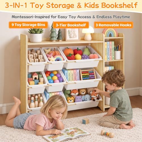 Kids Toy Storage Organizer, Wooden Shelf with 3 Tiers and 9 Storage Bins, Nursery Room Organizer for Books and Toys, White and Natural Wood