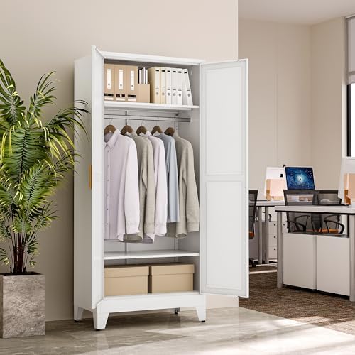 71" Metal Armoire Wardrobe Closet with Hanging Rod, White-X 2 Shelves