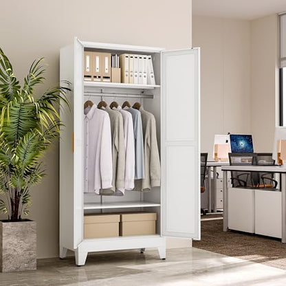 71" Metal Armoire Wardrobe Closet with Hanging Rod, White-X 2 Shelves