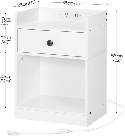 HOOBRO Nightstand with Charging Station, End Table with Drawer and Opening Shelf, Bedside Table with USB Ports and Outlets, Small Night Stand for Bedroom, Simple Style, White WT18UBZ01