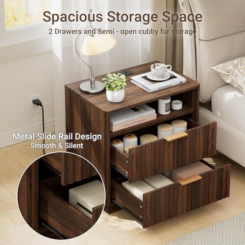 23" W Walnut Fluted Nightstand with Charging Station for Bedroom