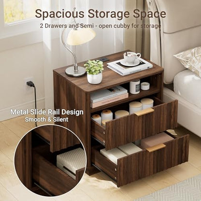 23" W Walnut Fluted Nightstand with Charging Station for Bedroom