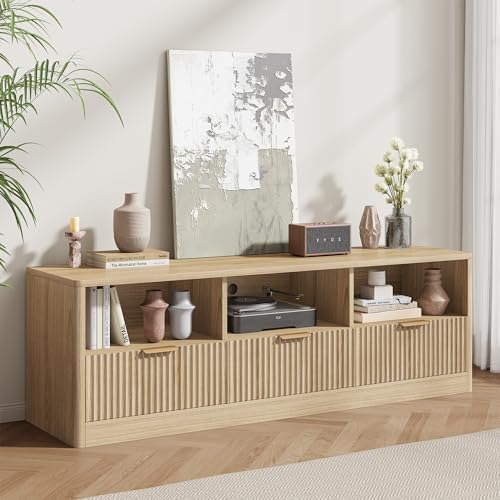 IRONCK 59" Fluted TV Stand for TVs Up to 65", Natural Oak